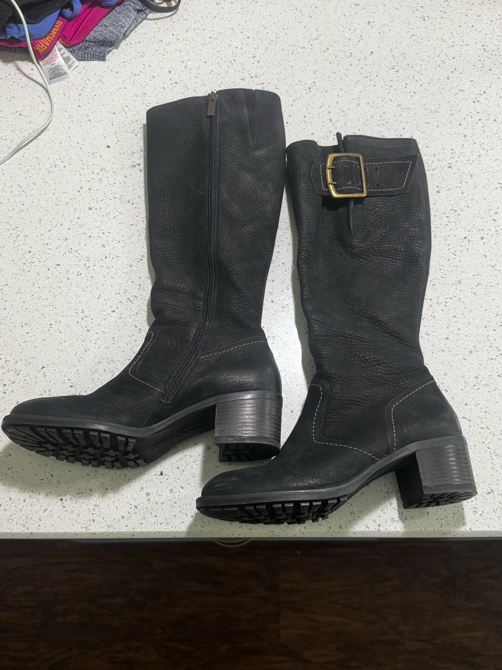 Paul Green Black Mid-Calf Leather Heeled Riding Boots with Buckle